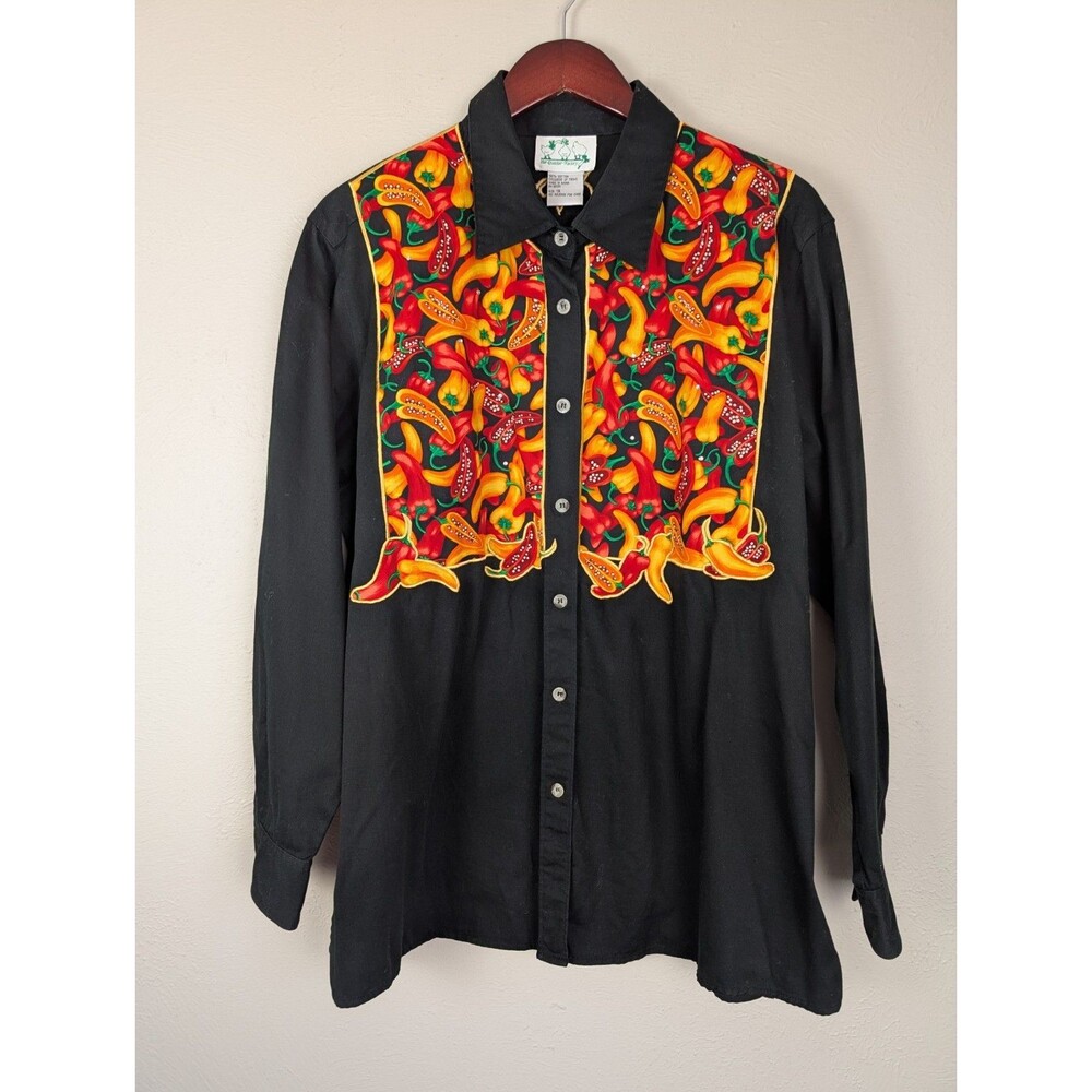 Quacker Factory Chili Pepper Print Long Sleeve Button Shirt - 1X